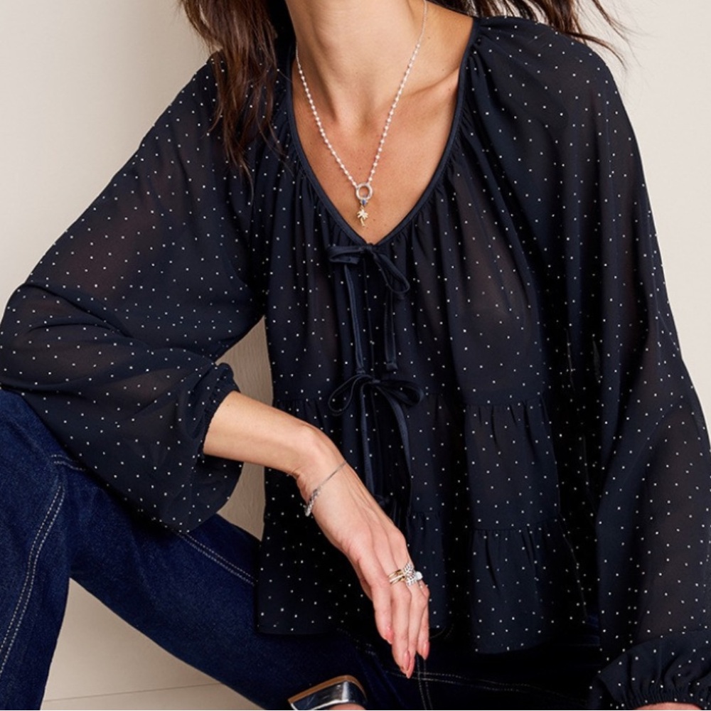 Francesca's Laurie Tie Front Collections Black Polka Dot Blouse. NWT never worn